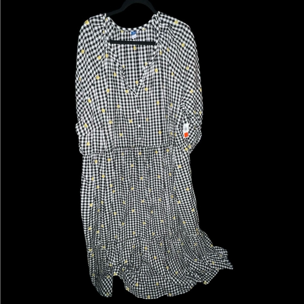 Old Navy Black and White Checkered Dress with Yellow Embroidery